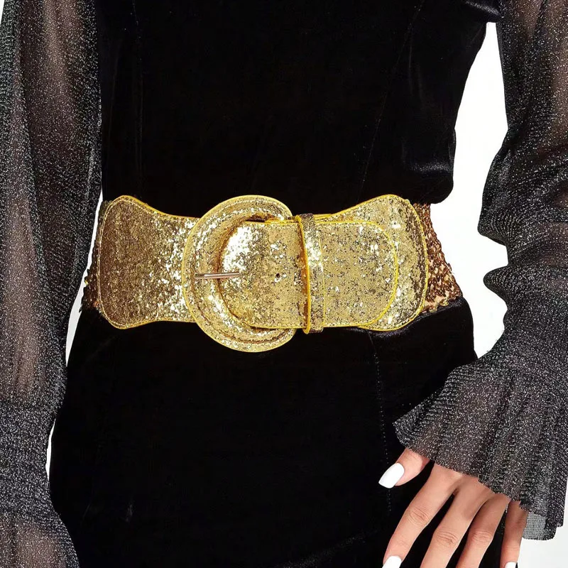 Women's Sequine Wide Elatic Waist Belt Sparkly Dress Belts Ladies Female Waistband Corset Cinch Accessory with Buckle