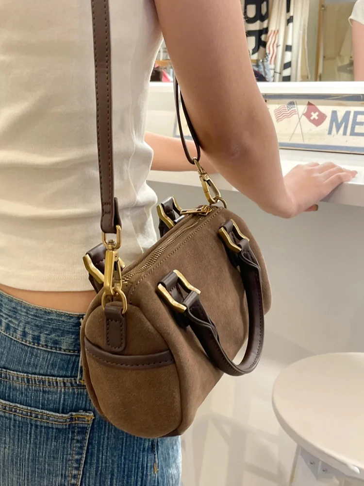 Bolsos de hombro de retales de PU Vintage para mujer, bolsos de mensajero de ante de imitación informales a la moda, bolsos sencillos de textura femenina 2023