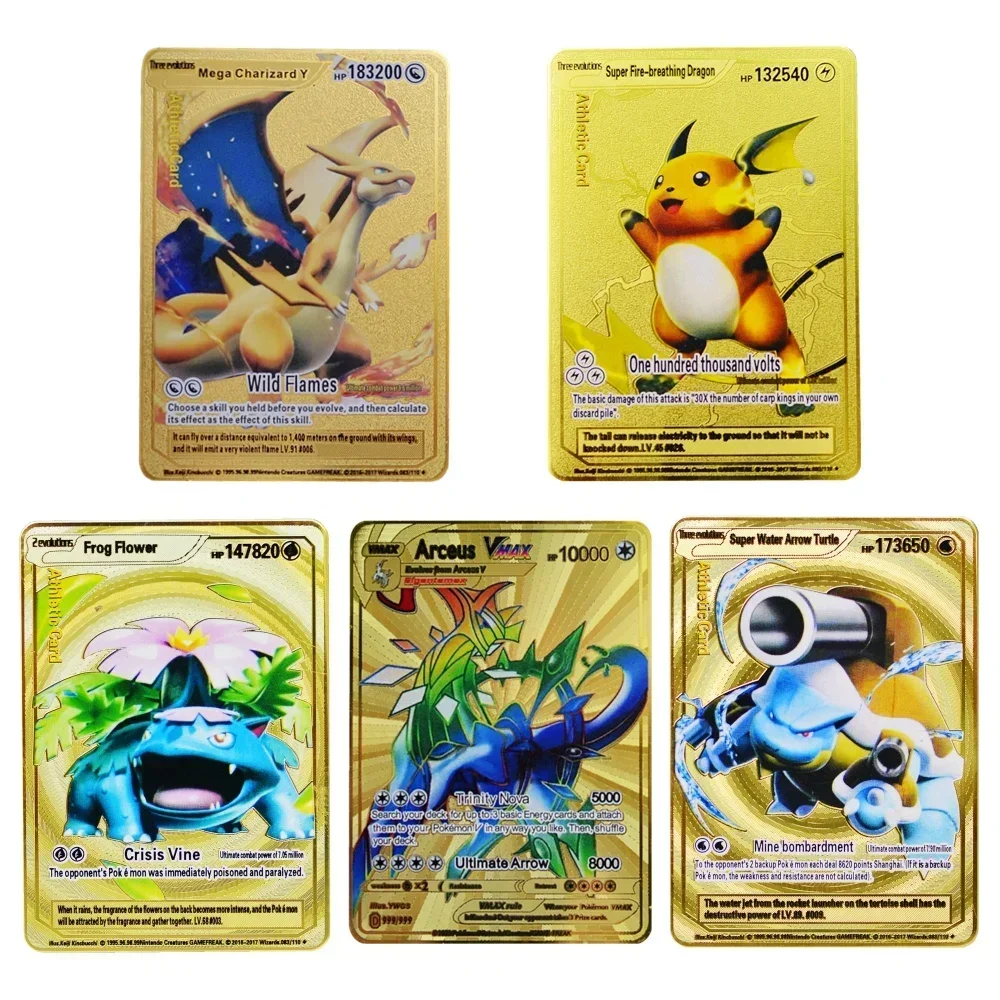 5Pcs Pokemon Card Metal Pokémon Letters Venusaur Vmax Charizard Pikachu Gx Blastoise Gold Iron Cards Anime Games Kids Toys Gifts