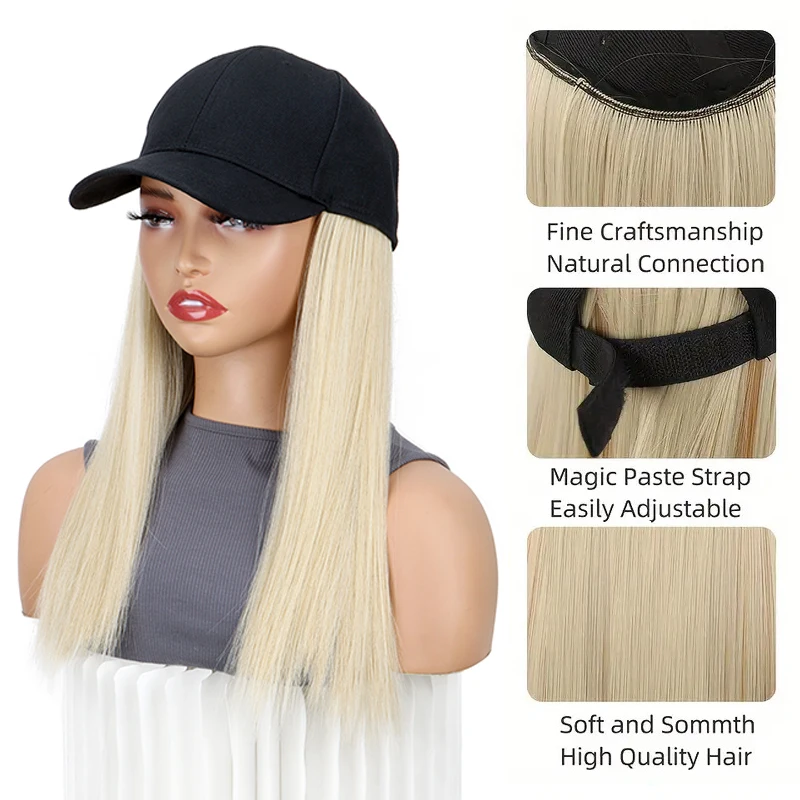 Synthetic 18Inch Long Straight Sports Style Baseball Hat Cap Wigs  Adjustable Comfortable Hair Extension for Women Daily Use image 2