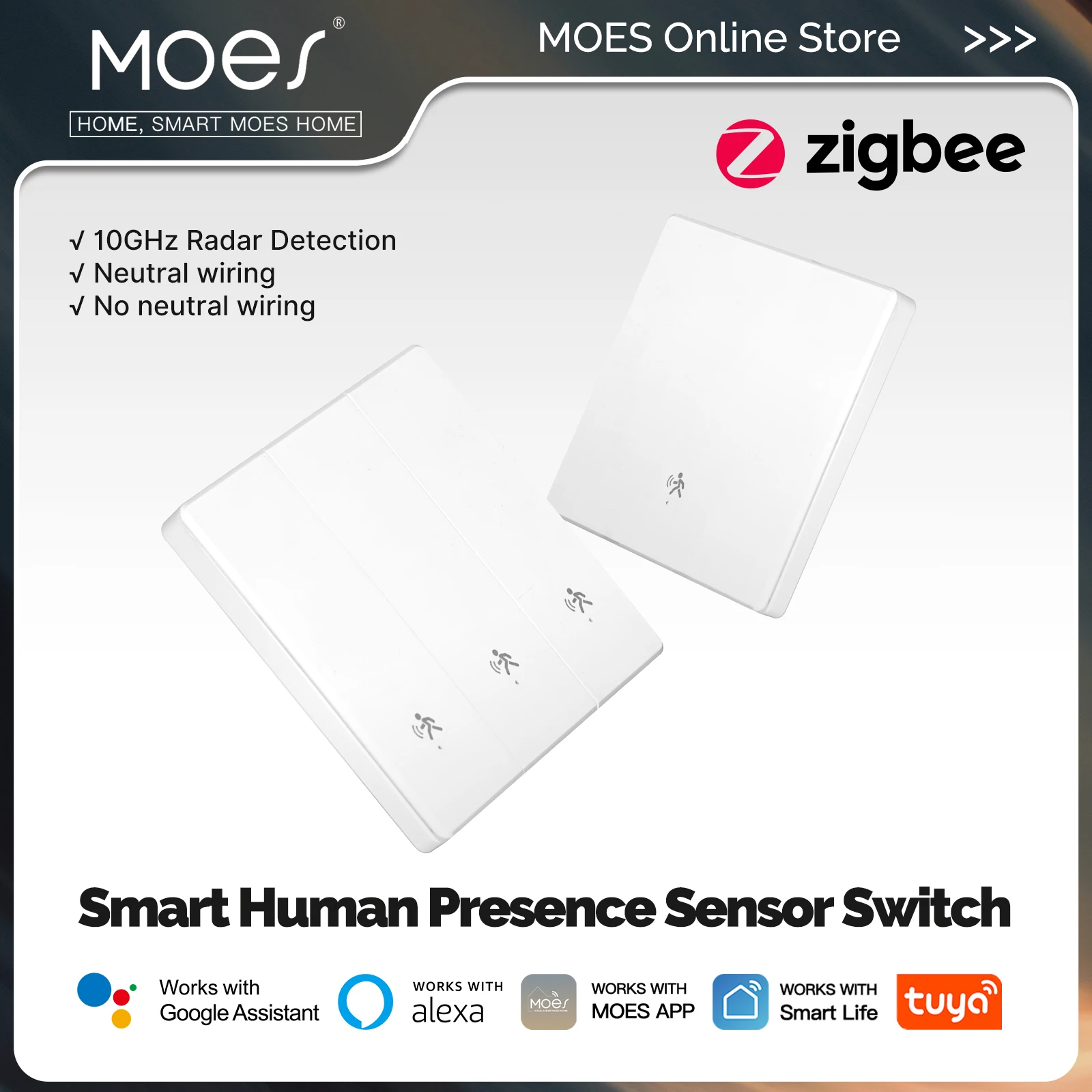 

MOES Tuya Zigbee Smart Human Presence mmWave Radar Detection Wall Light Switch Work with Alexa Google Home Neutral Wire Optional