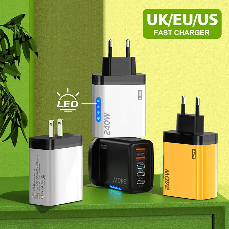 شاحن سريع 240 وات GaN مع ضوء LED 2USB + 3Type-C رأس شحن هاتف متعدد المنافذ لهاتف iPhone وسامسونج وهواوي وشاومي/الكمبيوتر المحمول/الأجهزة اللوحية