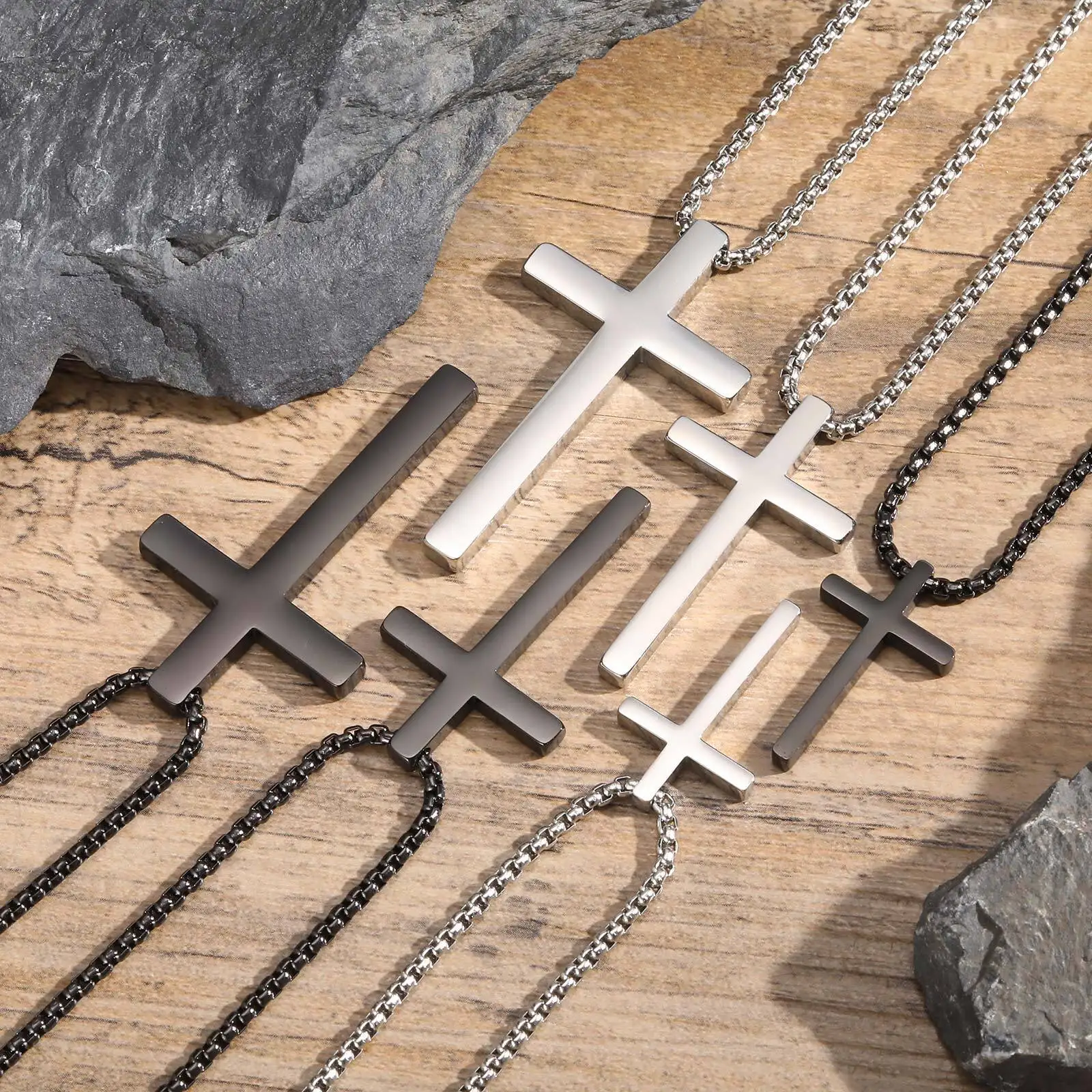 Vnox 45/50/60/70cm Length Box Chain Cross Pendant Necklaces for Men, Plain Black Silver Color Stainless Steel Cross Necklace - Image 2