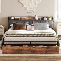 King Size Bed Frame, Storage Headboard with Charging Station, Platform Bed with Drawers, No Box Spring Needed