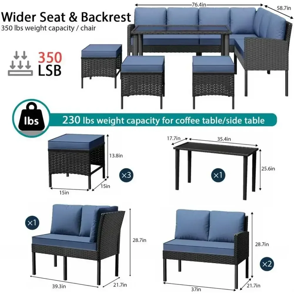 7-Piece Patio urniture Set, All-Weather Wicker Sectional Soa with Seat & Back Cushions, Long Glass Coee Table, Outdoor Rattan Co