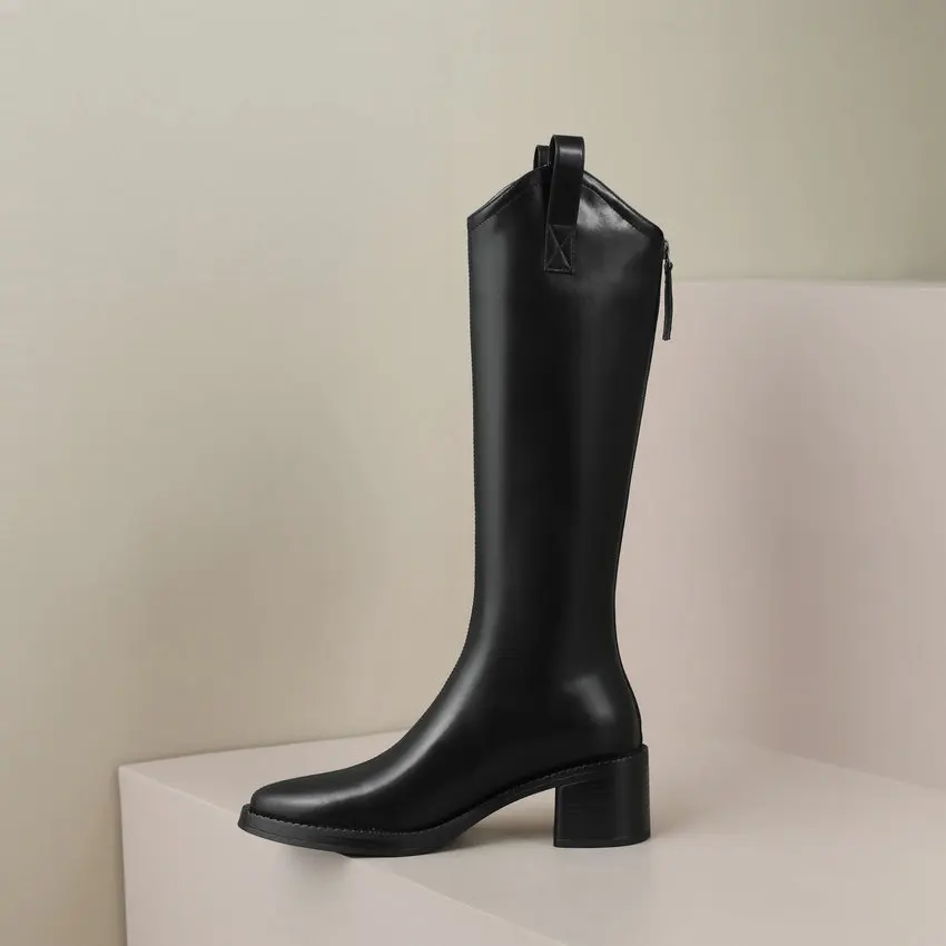 Dilalula 2025 Elegant Women Knee-High Boots Motorcycle Zipper Square Med Heels Genuine Leather Shoes Woman Size 34-39