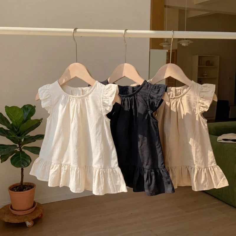 2026Summer New Girls' Solid Color Flutter Sleeve Dress Baby Loose Doll Dress Ruffle Princess Dress Wholesale