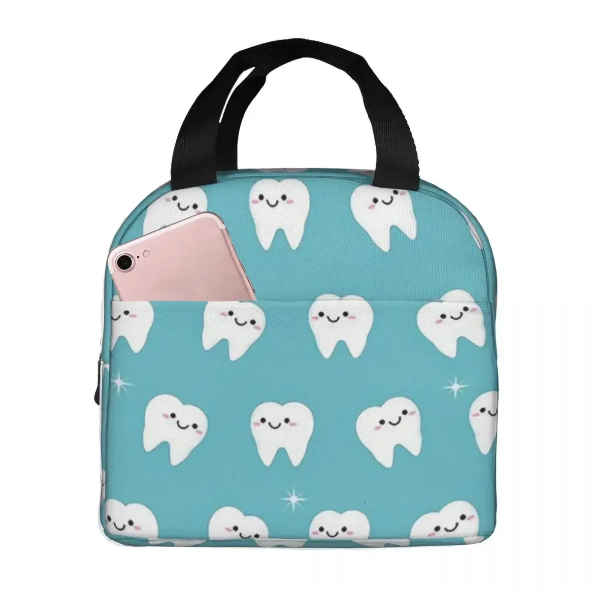 

Funny Dental White Tooth Pattern Insulated Lunch Bags Teeth Portable Thermal Cooler Food Lunch Box Kids School Children