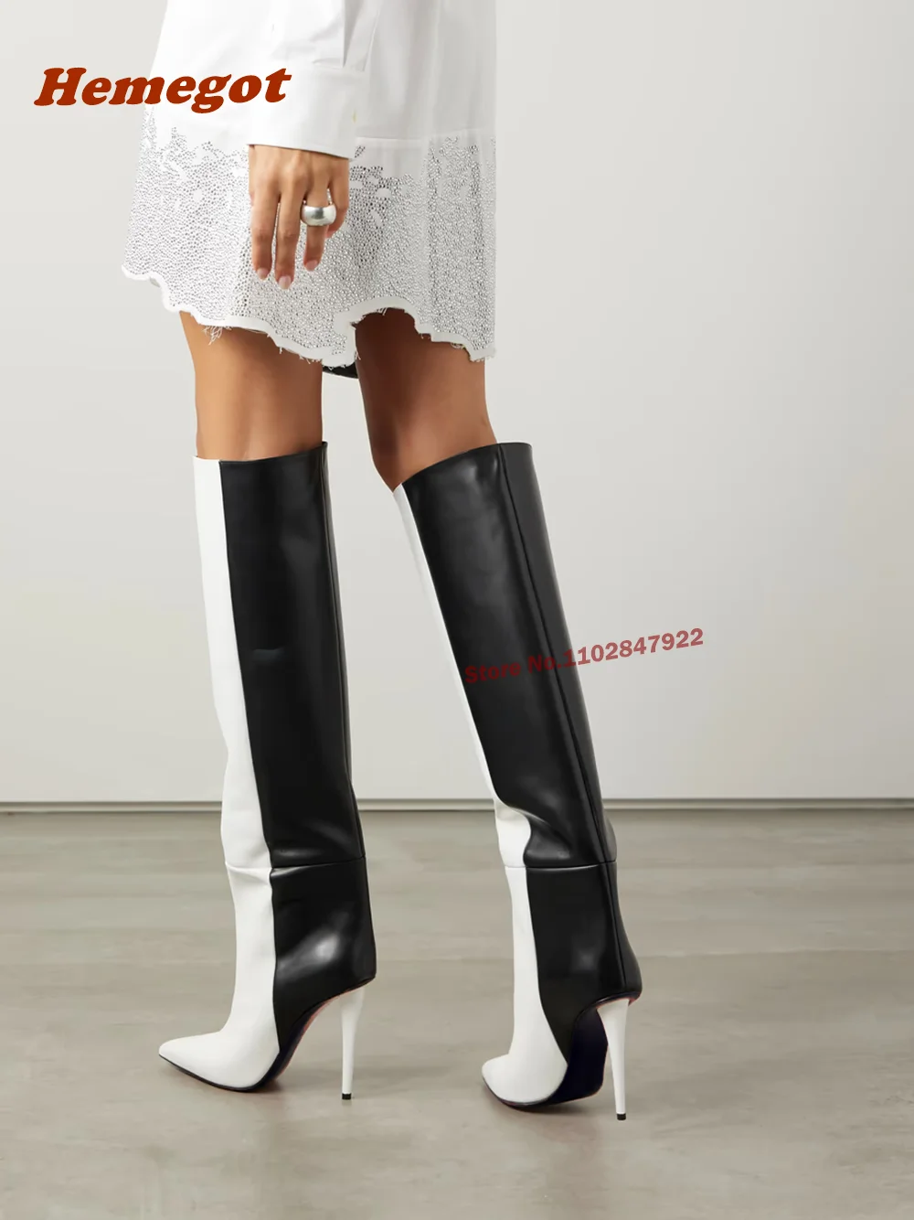 

Two-Tone Leather Knee High Boots Stiletto Heels Pointy Toe Slip On Women's Boots Casual Newest 2024 Runway Shoes Sexy Winter