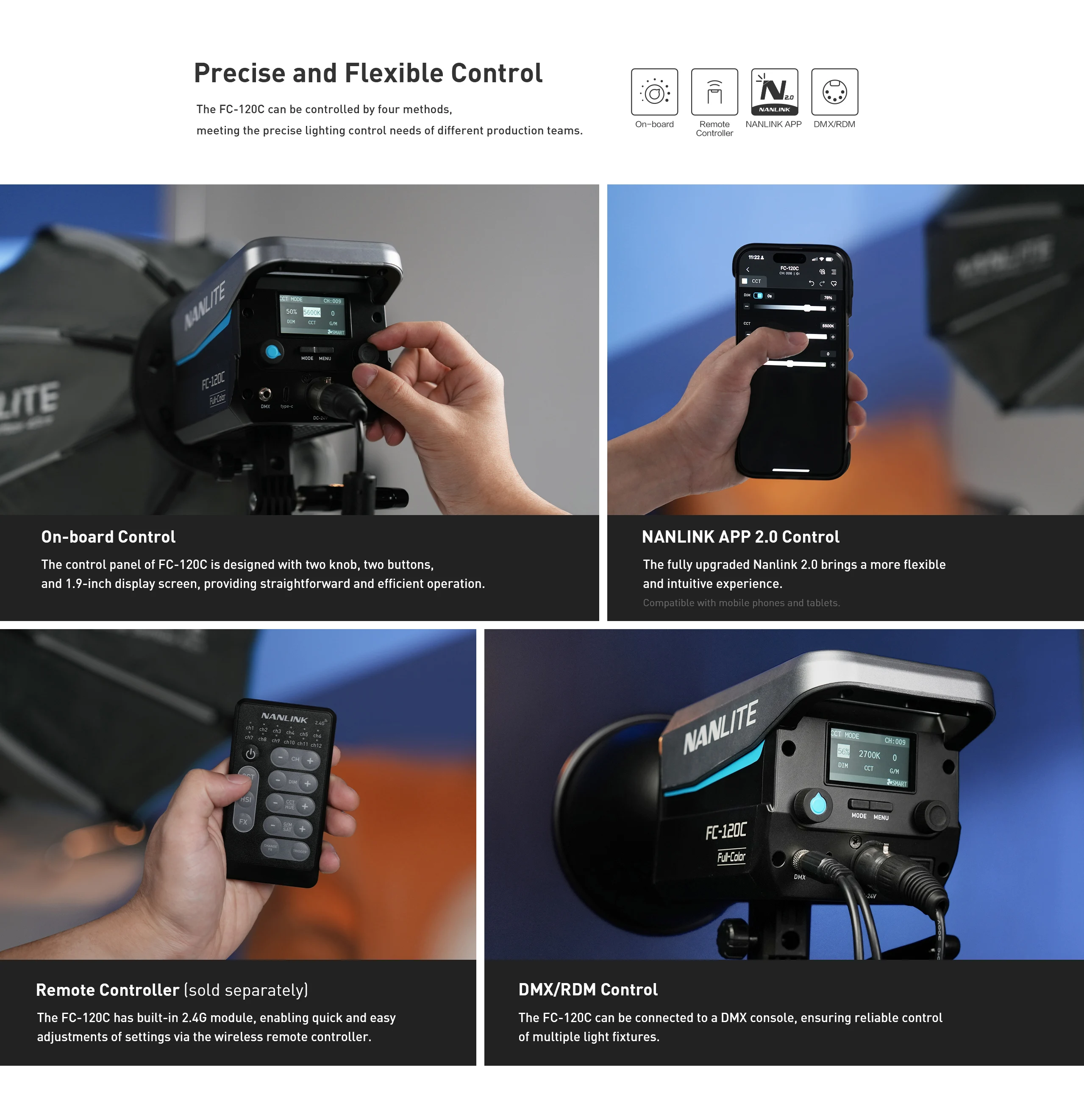 Nanlite FC-120C RGBW 2700K-7500K التصوير الفوتوغرافي الاحترافي ملء الضوء لاستوديو الفيديو البث المباشر في الهواء الطلق