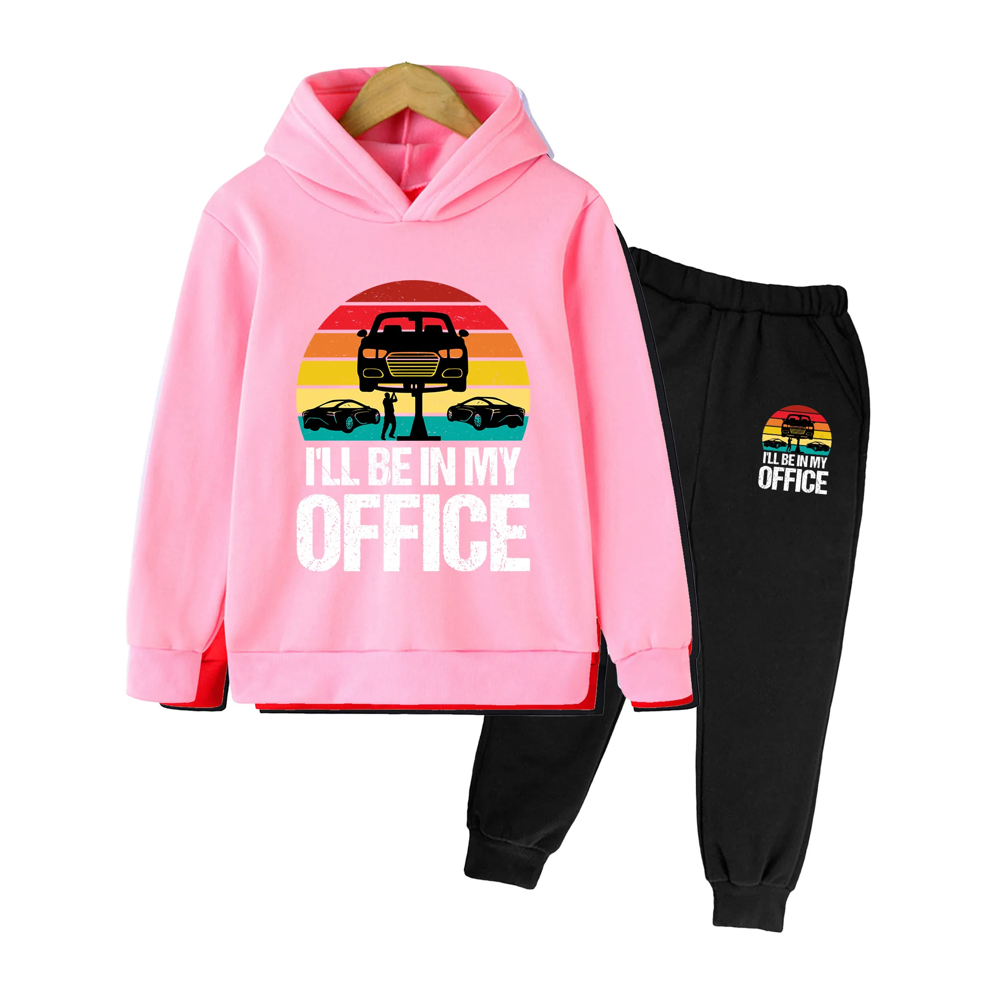 Kids Hoodie & Sweatpants Set, Retro Car Mechanic Print Casual Sportswear for Boys Girls Daily Wear