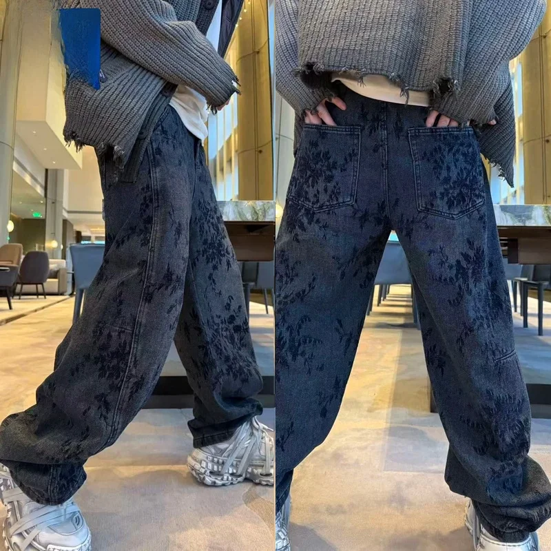 

Retro Embroidered Flocking Denim Jeans Casual Fashion Belted Knife Shape Fleece Lined Banana Pants Men's Loose Straight Leg Fit