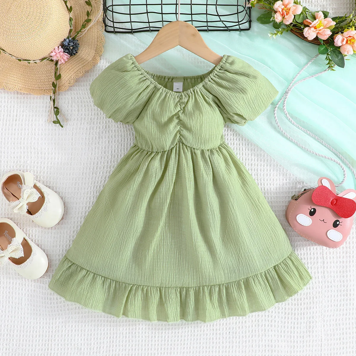 

2023 Summer New Arrival Girls Short Puff Sleeve Ruffles Green Roupa Infantil Menina Cute Party Dress Custume 4-7T