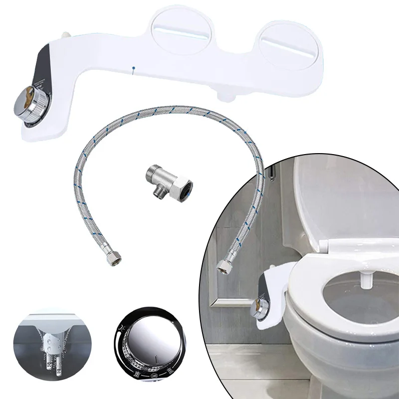 Toilet Seat Bidet with Self Cleaning Dual Nozzle Hot and Cold Water Spray Non-Electric Mechanical Bidet Toilet Attachment