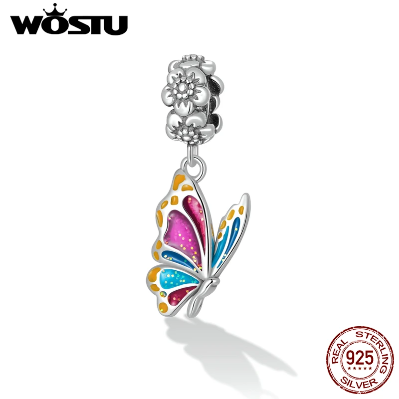 WOSTU 925 Sterling Silver Butterfly Heart Bead Rainbow Contrast Color Series Charms Fit Orignal Bracelet Necklace Jewelry Making