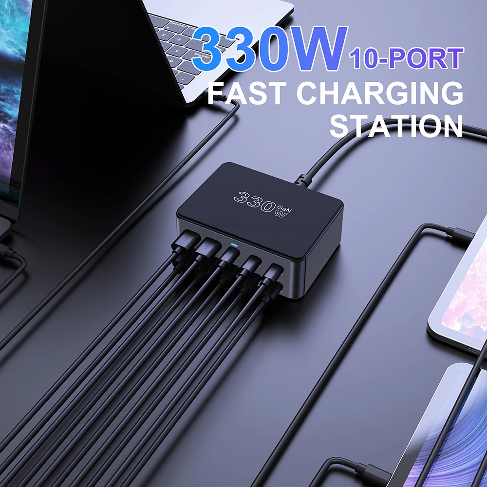 330W GaN Charger USB C Fast Desktop 10-port USB Type C PD 100W Charger Fast Charge 3.0 USB C Fast Charger for iPhone 16 Samsung