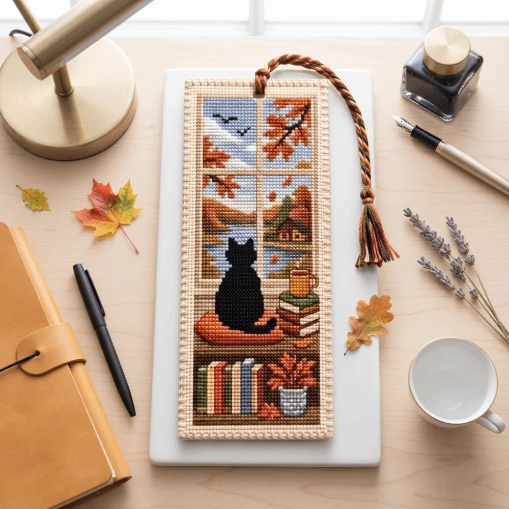 Cross Embroidery Seasonal Cat Embroidery Bookmark Handcrafted Braided Rope Seasonal Cat Bookmark Material Kit Stamped Embroidery