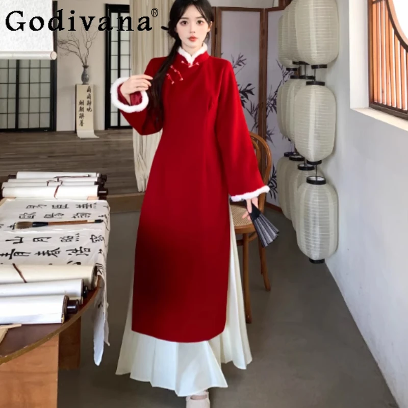 

Рождественское платье большого размера, осень-зима, новое китайское платье Cheongsam с длинным воротником-стойкой, элегантное красное универсальное тонкое платье для девочек с высокой талией