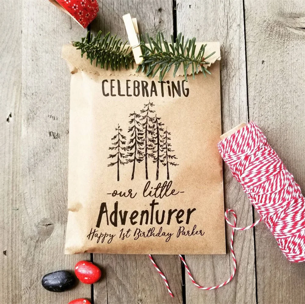 

50 Birthday Favor Candy Bags Personalized - Lumberjack Party - Outdoor Party Favor - Happy Trails - Adventure Party Favor - Wood