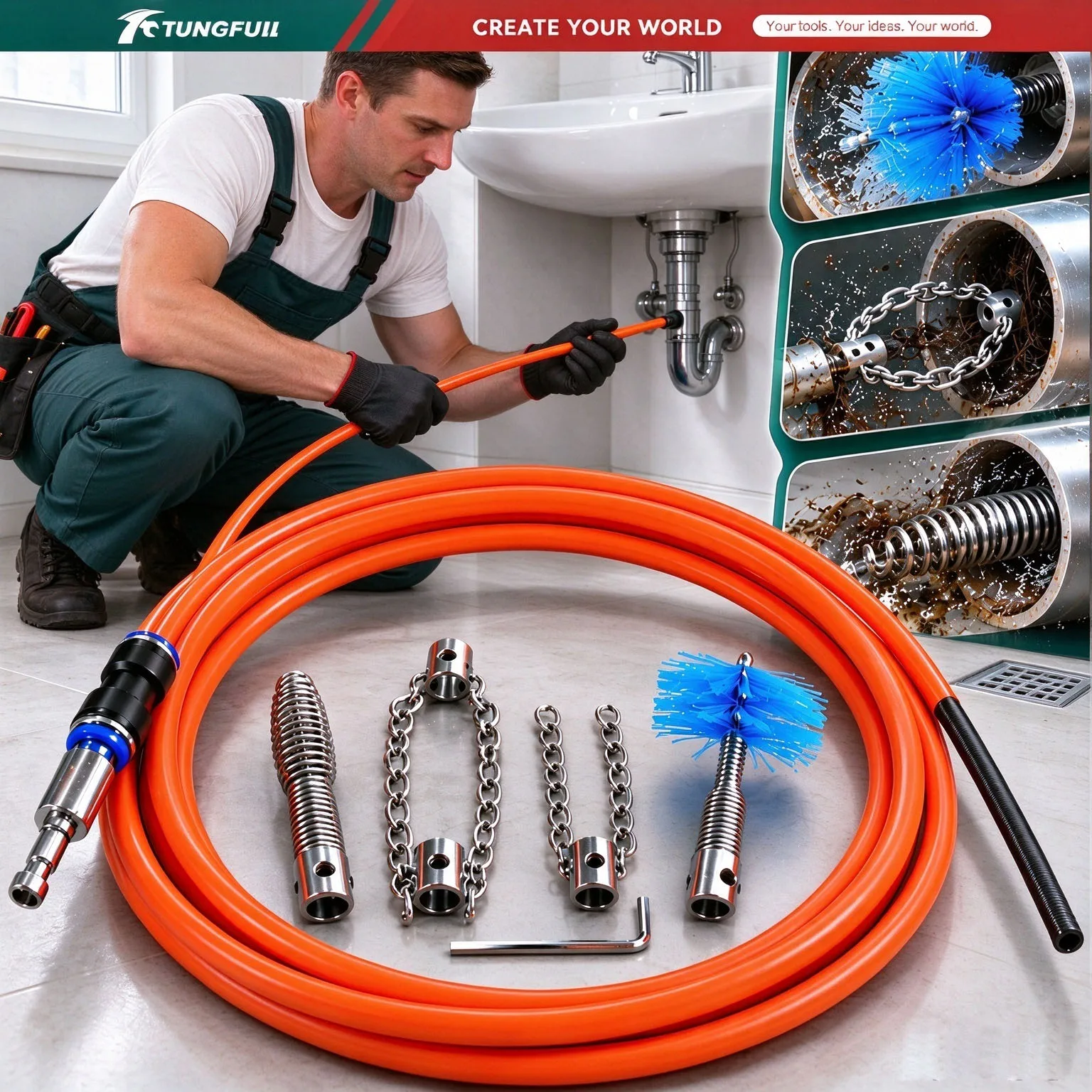 Plumbing Drain Auger Hand Crank Drain Snake 2/3/5M Steel Spring Clog Remover with Brush Head for Kitchen Sink Toilet Shower