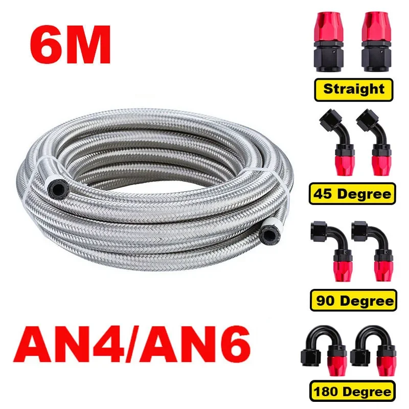 

20FT 6M AN4 AN6 Stainless Steel Braided CPE Rubber Car Fuel Hose Line 0/45/90/180 Degree Hose End Fitting Adapters Hose Line Kit