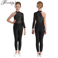 Kids Girls Figure Skating Jumpsuit One Shoulder Ballet Dance Gymnastics Acrobatics Yoga Jumpsuit Sheer Mesh Rhinestones Bodysuit