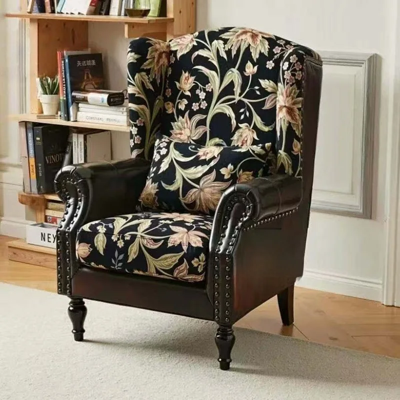 LH retro style fabric leather splicing leisure chair living room high back single sofa