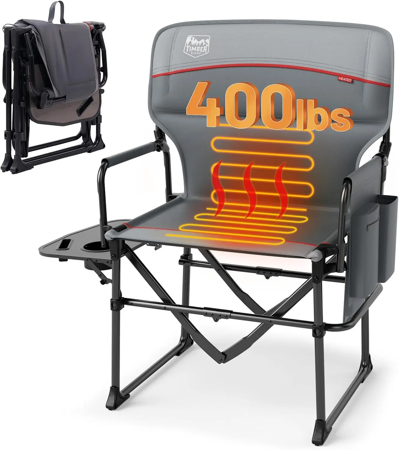 Heavy Duty Heated Camping Chair, Compact Size, Portable Directors Chair Supports Up to 400lbs with Side Table and Pocket for Cam