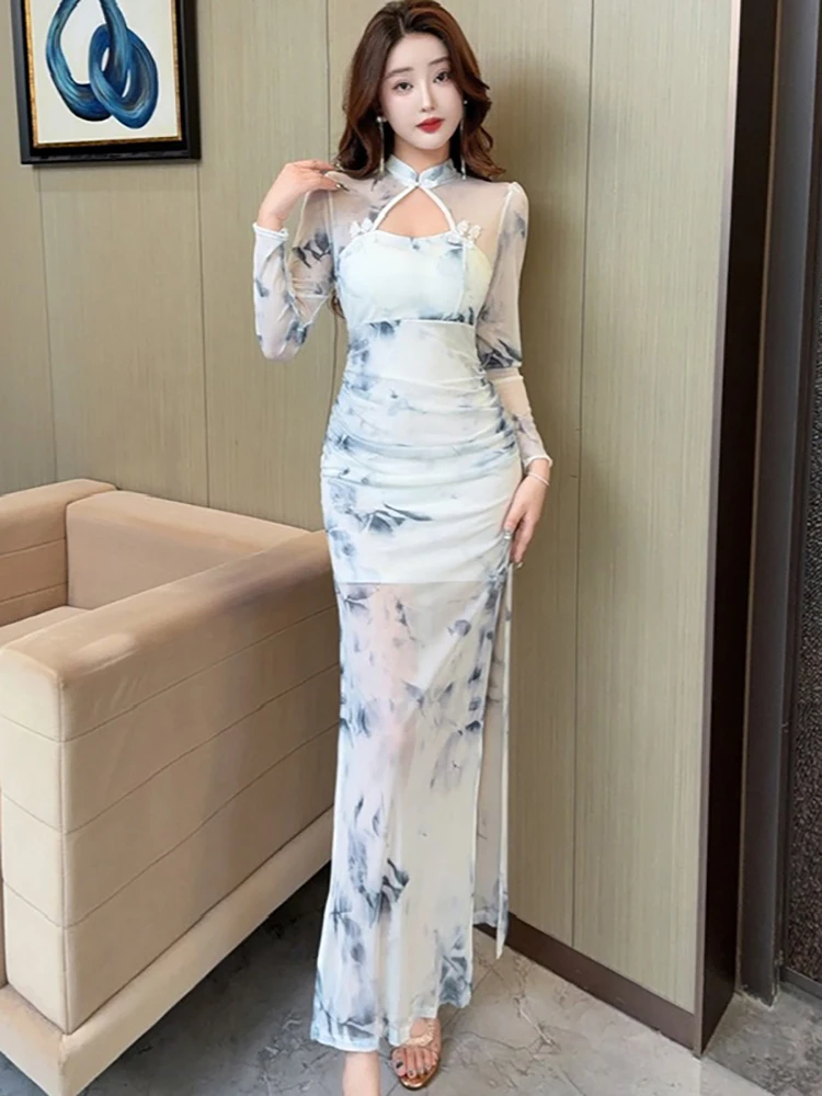 

2025 синее длинное платье с цветочной сеткой, длинное платье-стойка, весенне-осеннее элегантное повседневное праздничное платье, женское корейское модное облегающее платье