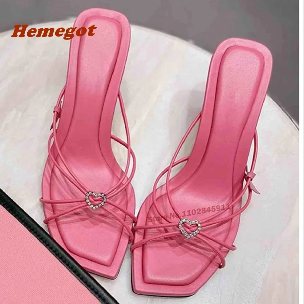 2025 zapatillas con cristales de amor correas de cuero rosa tacones finos sandalias de mujer punta cuadrada novedad de verano zapatos de boda de fiesta sólidos Sexy