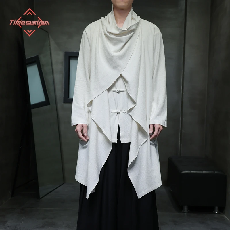 Chinese Style Linen Shirt for Men Hanfu Ju Shi Windbreaker Tang Suit Antique Zen Meditation Fake Two Shirts