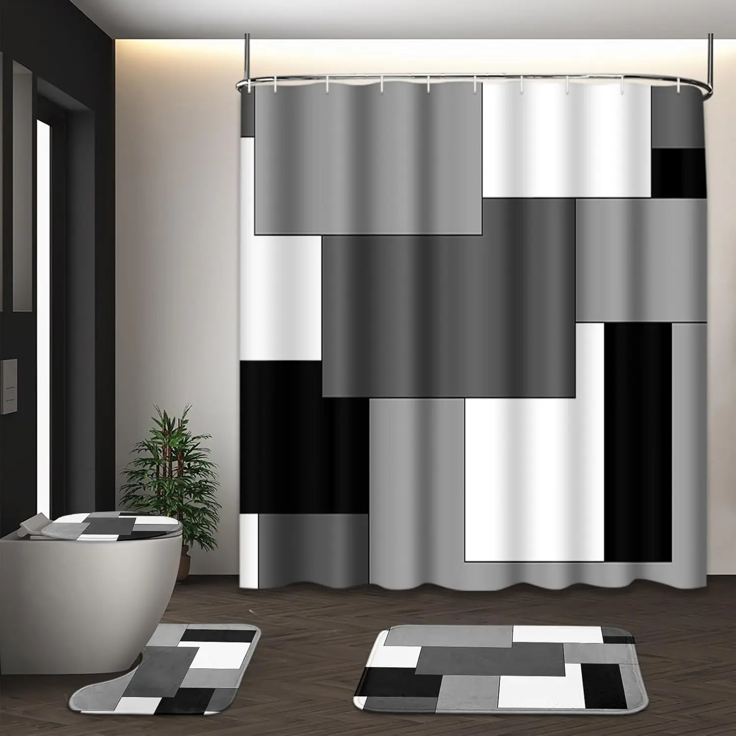 

Modern Geometric Shower Curtain Set with Toilet Lid Cover, Non-Slip Rugs, and Hooks for Bathroom