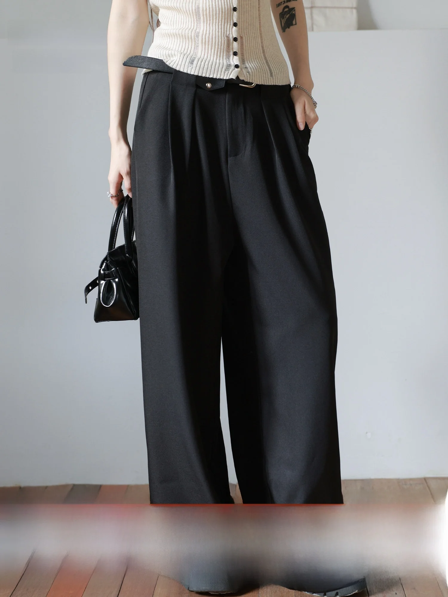 

Женские брюки Meng Xiaoqi в корейском стиле с высокой талией, драпированные, черные, широкие, модные, весенние, больших размеров