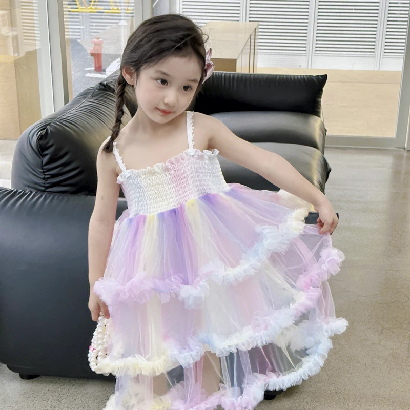 Baby Girls Clothes Princess Dresses Girl\'s Rainbow Yarn Dress Lace Ruffle Butterfly Fairy Dress Children toddler Girl Long Dress