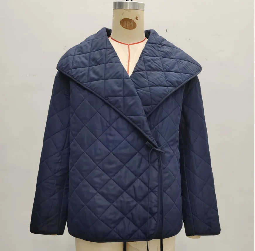 

Women's Big Collar Navy Blue Diamond Grid Quilted Cotton Jacket Loose Fit Short Fashion Outerwear