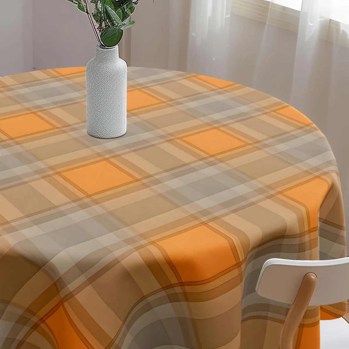 One piece of Bohemian-style round polyester tablecloth, featuring a durable yellow-brown harvest check design.