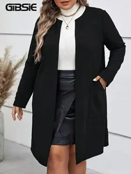 GIBSIE Plus Size Autumn New Damski długi płaszcz z okrągłym dekoltem Czarny długi rękaw Otwarty przód Biuro Kobiece kurtki casualowe z kieszeniami