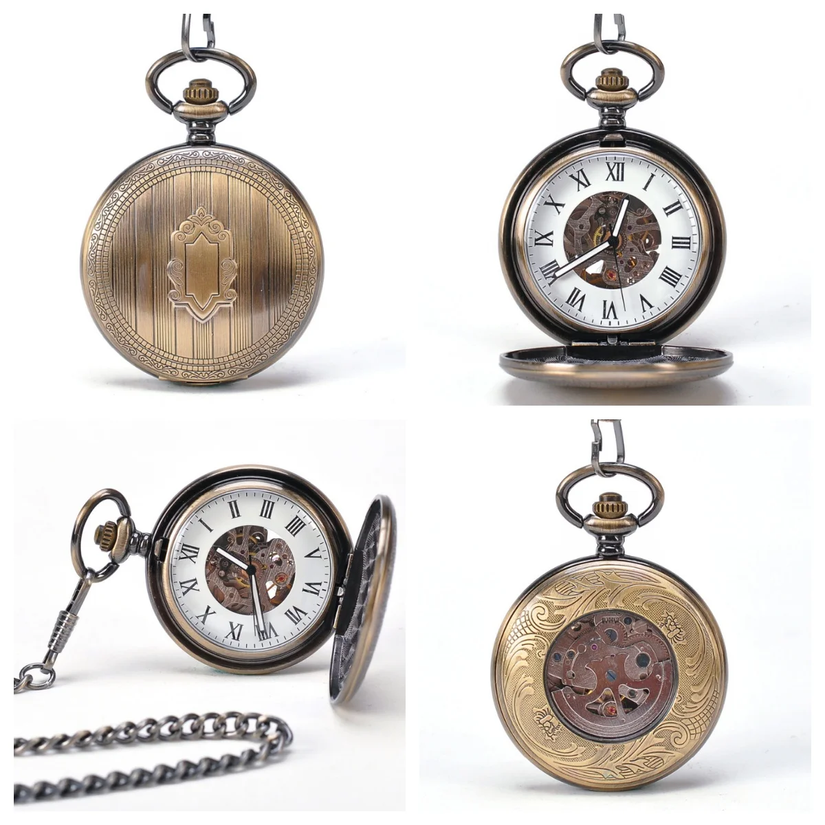 

New Arrival Bronze Tone Case Men's Automatic Mechanical Steampunk Pocket Watch Self Winding White Dial Roman Number Fob Watch