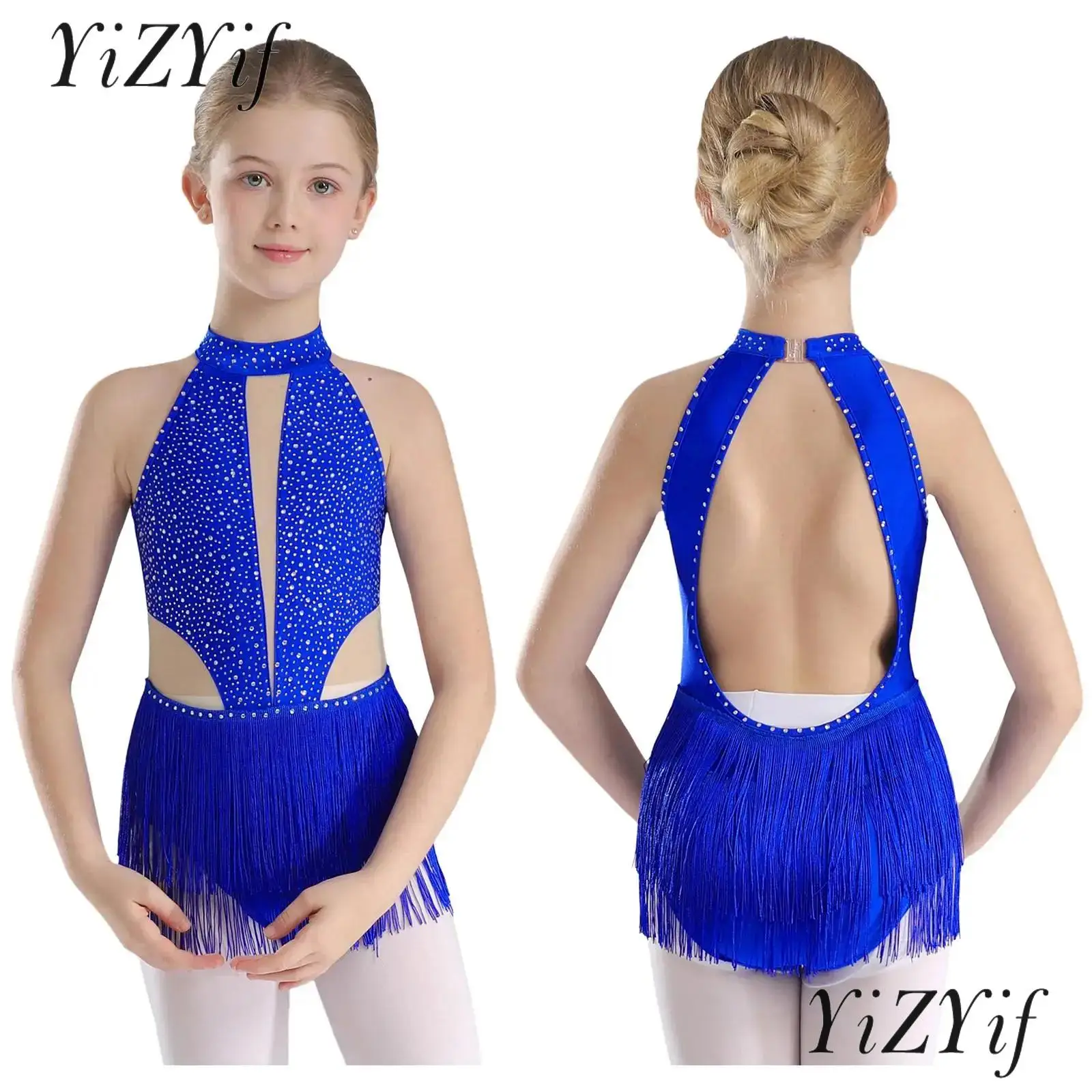 

Girls Ballerina Dancewear Costume Rhinestone Tassel Bodysuit Jumpsuit Dress for Gymnastics Figure Skating Latin Performance