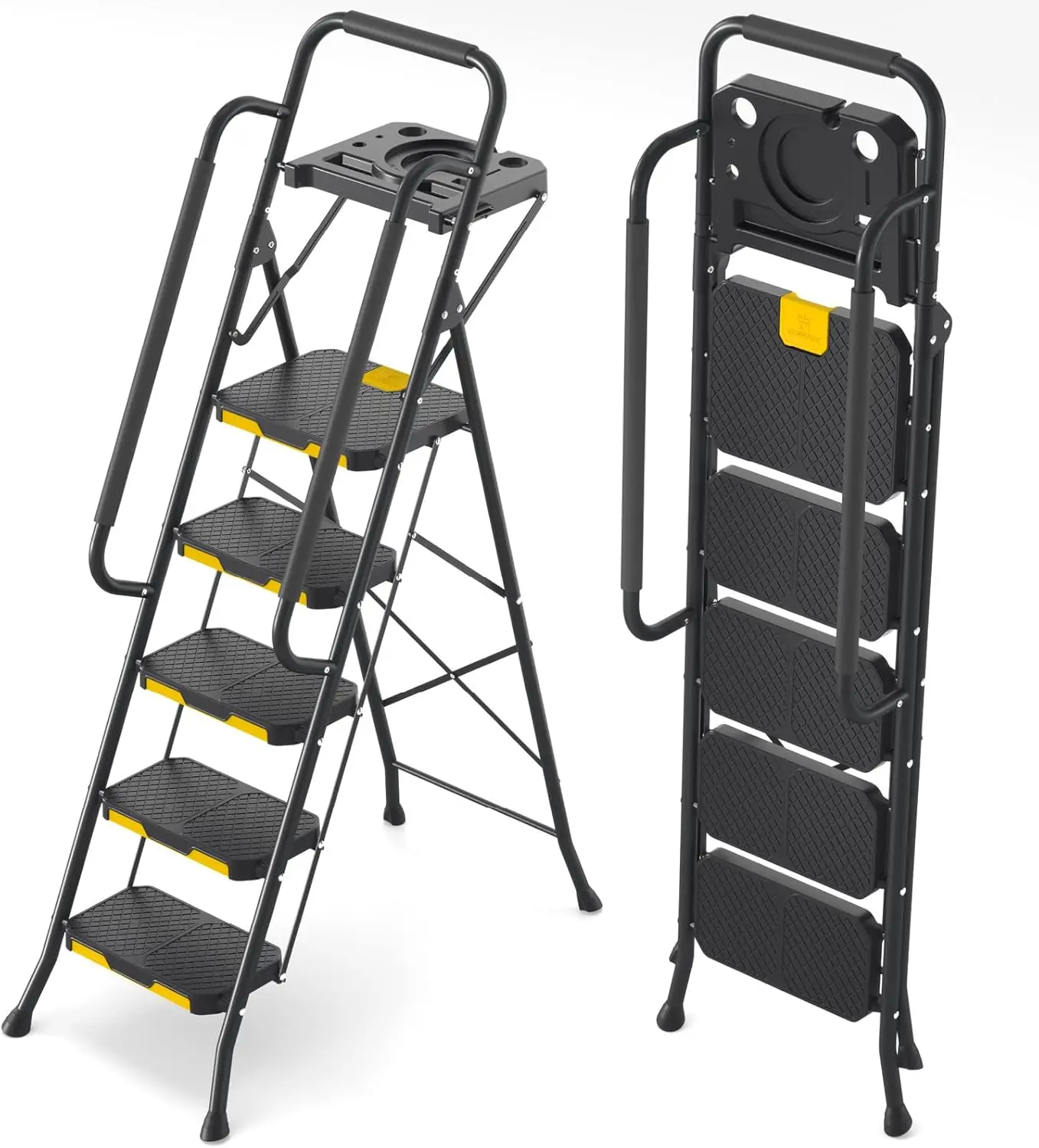 Escalera de 5 escalones con plataforma de herramientas, taburete plegable con pasamanos, escalera de acero resistente con pedal ancho de seguridad portátil de 800 libras