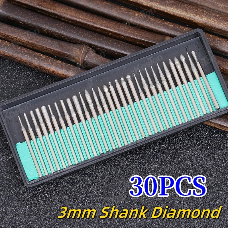 30pcs 3mm Shank Diamond Burs Sets With Box For Dremel Electric Grinder Power Tool Accessories Abrasive Tools