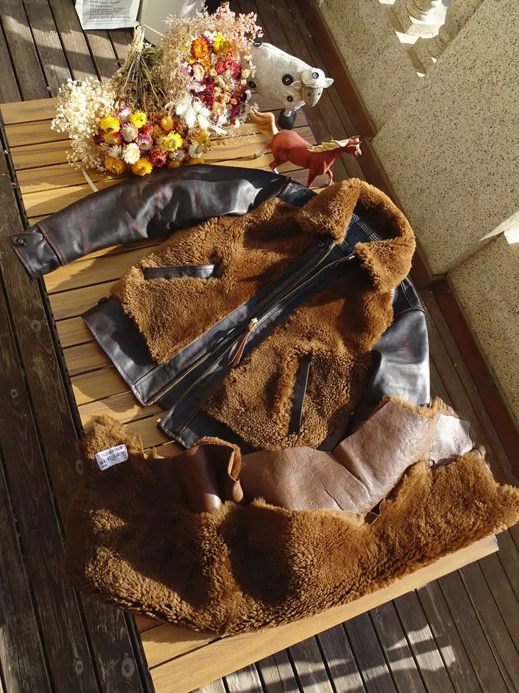 Dark Brown Winter Shearling Jacket Men Retro Vintage Style Plus Size 5XL Genuine Natural Thick Sheepskin Warm Spliced Coat