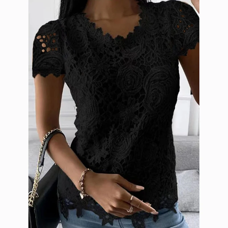 Fashion Elegant Embroidery Casual Shirt Woman Summer Tops Short Sleeve Hollow Lace White Blouse Ladies O Neck Women Shirt 24737