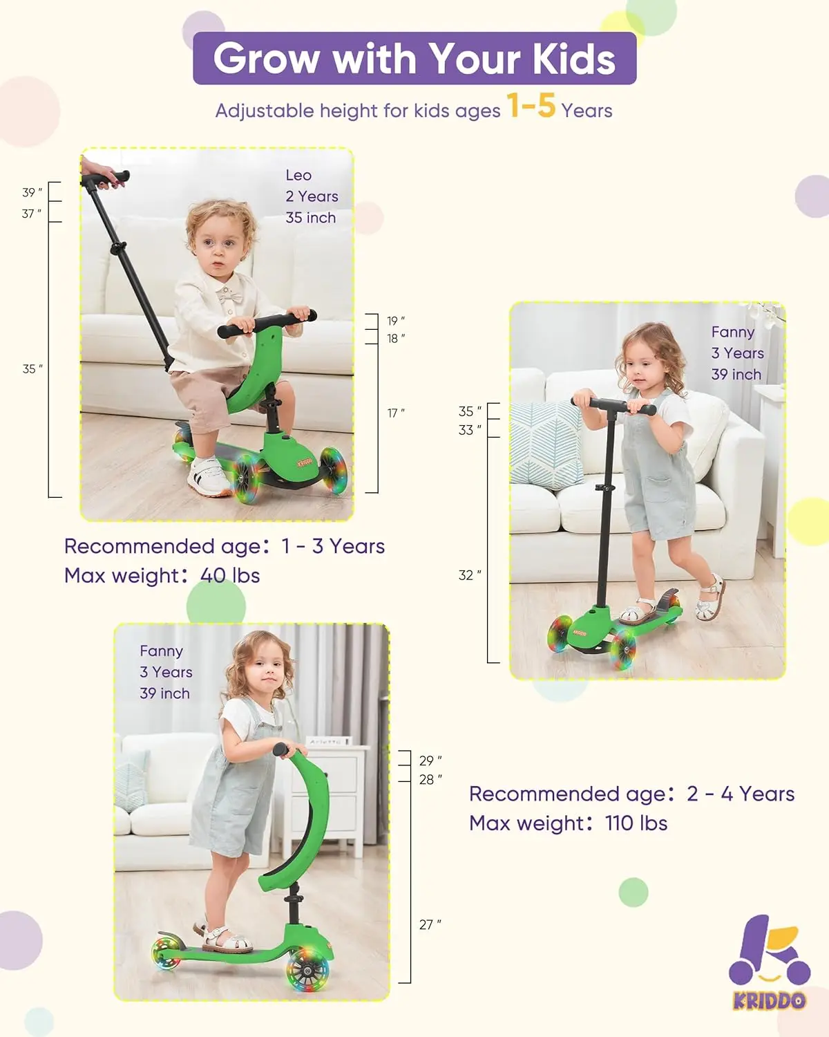 Trottinette Pliante 5 en 1 pour Enfants de 1 à 5 Ans, avec 3 Roues Éclairées, Planche Large sur Pied, Réglable, Recommandée, Apprendre