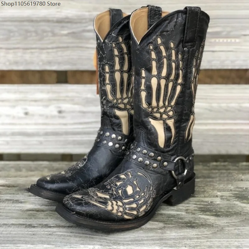 Skull Totem Knight Boots Men/Women Retro Square Toe Chunky Heel Slip On Belt Buckle Knee High Boots Black Fashion Design Boots