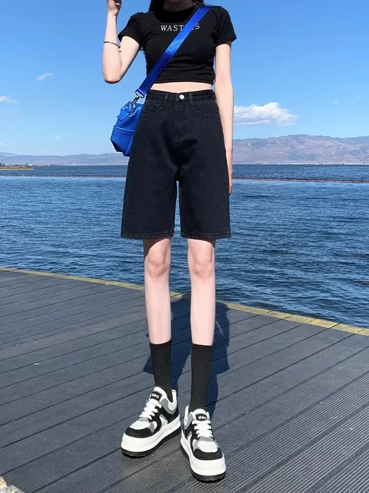 Retro Blue High Waist Wide Leg Short Jeans Women's Stylish Slimming Summer New Arrival Five-Point Loose Fit Casual Shorts