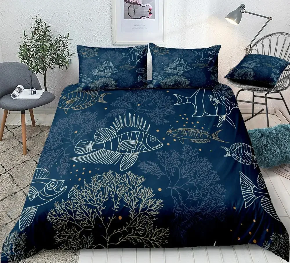 Ocean Element Bedding Sets Underwater World Duvet Cover Pillow Covers Fish Seaweed Quilt Cover Queen Size King Size