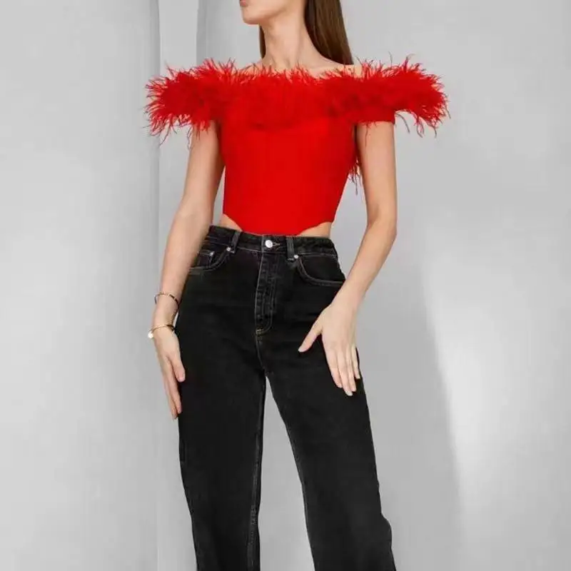 

Новый женский жилет на бретельках с перьями, однотонный сексуальный топ или Sle, летний женский жилет без бренда