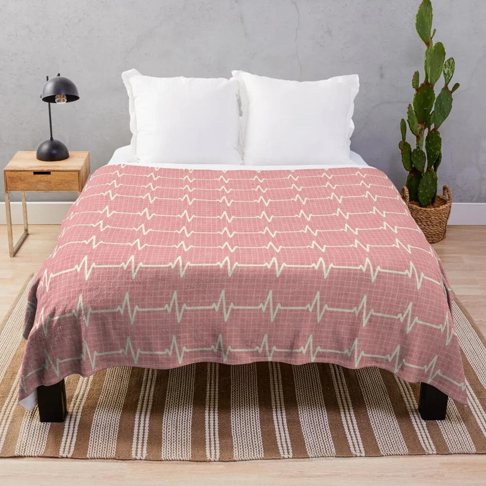 Heartbeat - Cream on Pink Throw Blanket Bed covers Thin Blankets