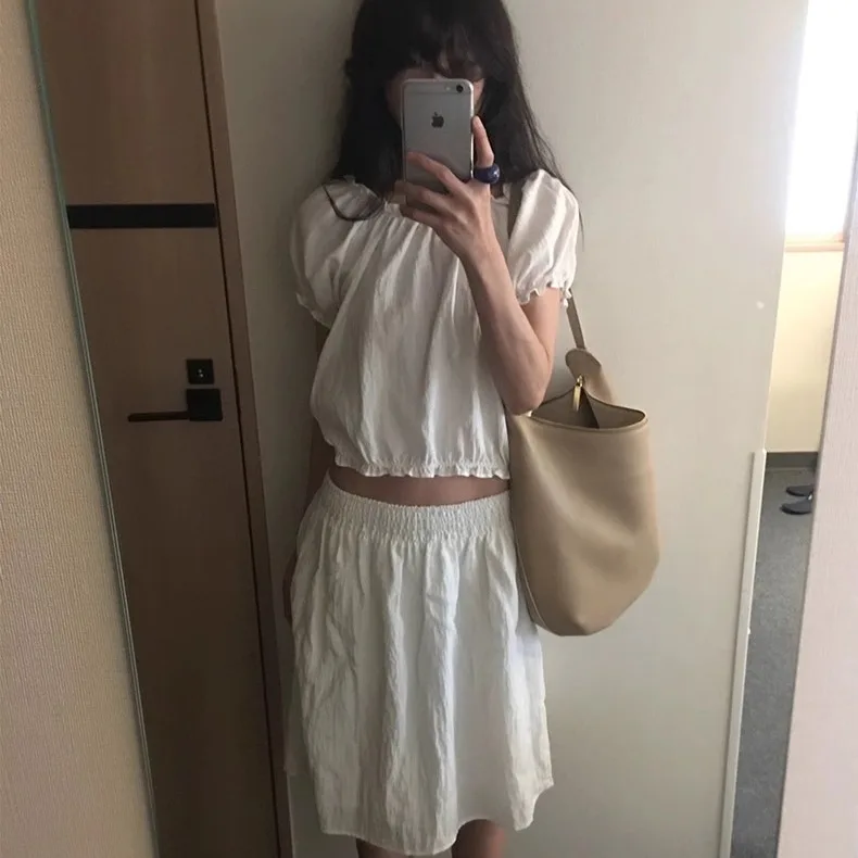 2025년 여름 베이비 오트 스웨트 및 A라인 스커트 세트, 우드 라인 러플 밴딩 허리, 한국 스타일 여성용 패션 세트